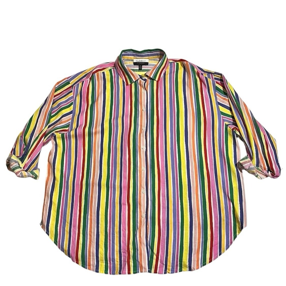 Eloquii Elements Women Rainbow Stripe Top Blouse Size 18 Linen blend Colorful